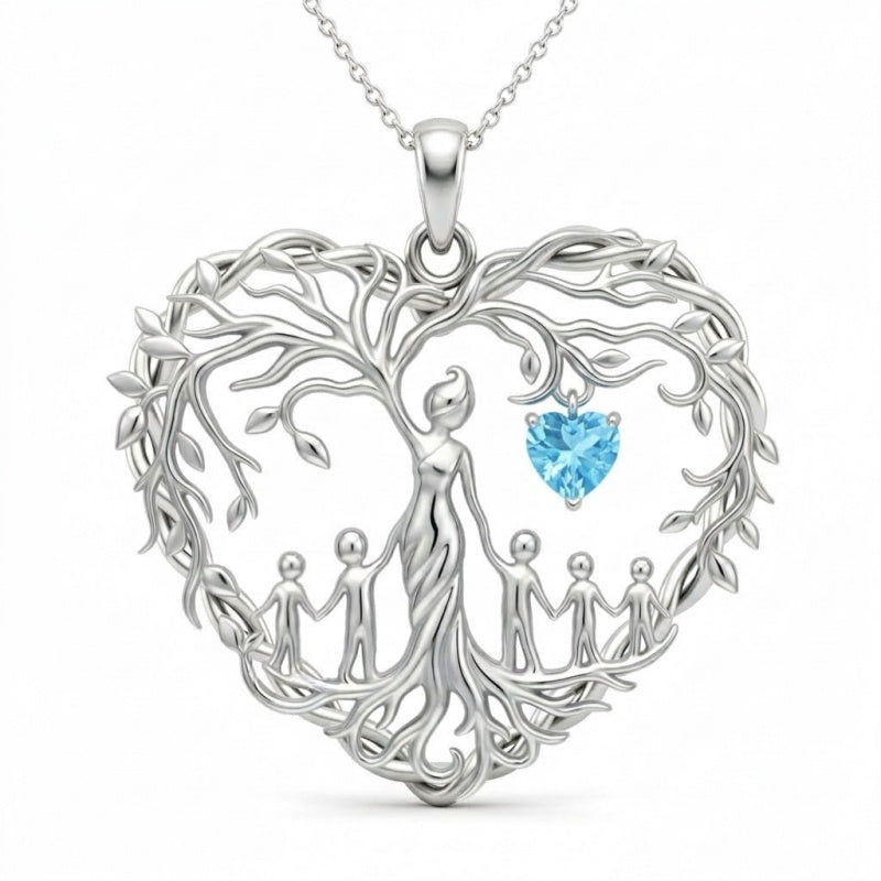 Sterling Silver Heart Pendant Birthstone Tree of Life Mother Child Family Necklace