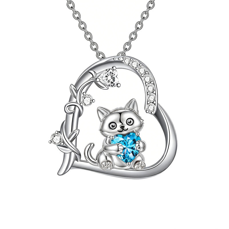 Sterling Silver Birthstone  Cat Pendant Necklace for Women