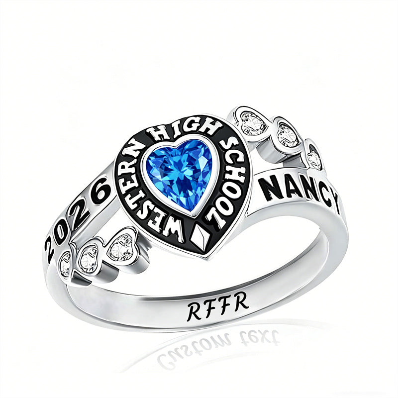 Sterling Silver Personalized Birthstone Engraved Class Rings for Women, College Senior High School Ring