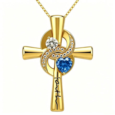 14K Gold Plated Dainty Heart Birthstone Pendant Cross Necklace for Women Religious Gift