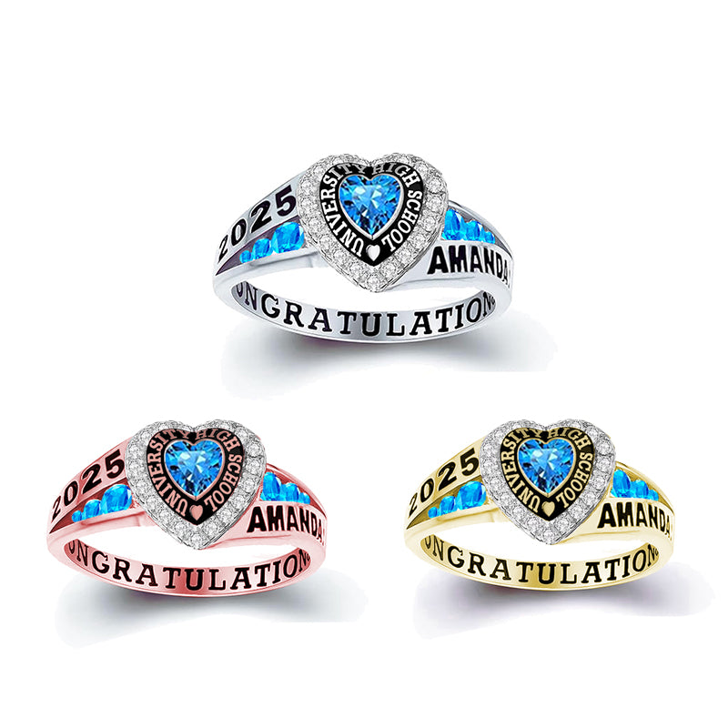 Sterling Silver Personalized Birthstone Engraved Class Rings for Women, College Senior High School Ring