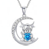 Sterling Silver Round Heart Birthstone Highland Cow Pendant Necklace Fluffy Cow Jewelry Gifts Birthday Christmas