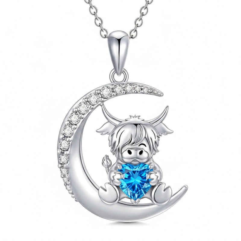 Sterling Silver Round Heart Birthstone Highland Cow Pendant Necklace Fluffy Cow Jewelry Gifts Birthday Christmas