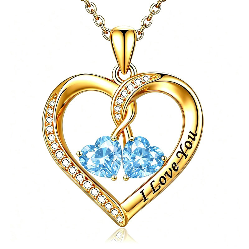 14K Gold Plated Double Heart Birthstone Rose Pendant Necklace for Women
