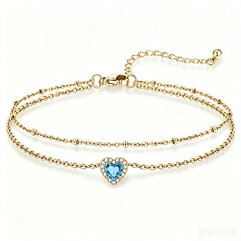 Sterling Silver Birthstone Double Layer Anklet for Beach Weddings, Summer Vacations & Pool Parties
