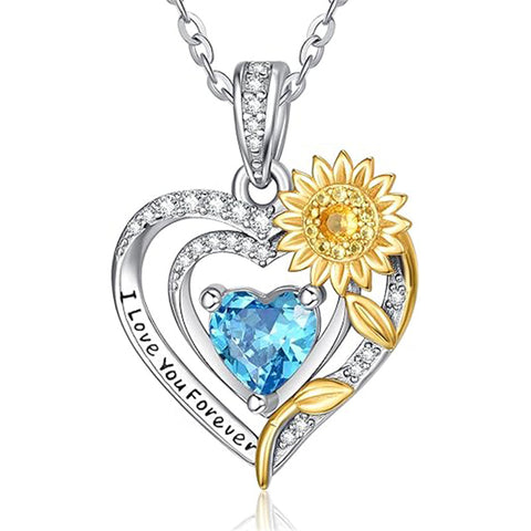 Sterling Silver Heart Birthstone Sunflower Pendant Necklace Engraved with I Love You Forever
