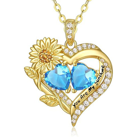 Sterling Sliver Birthstone Love Heart & Sunflower Pendant Necklace Engraved With You Are My Sunshine
