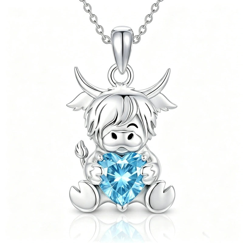 Sterling Silver Birthstone Highland Cow Pendant Necklace Birthday Christmas Gift