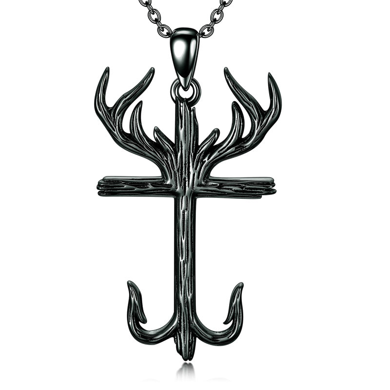 cross fish hook and deer Sterling Silver Cross&Deer Antler Fish Hook Pendant Necklace for Men, Black
