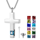 Stainless Steel Birthstones Urn Necklaces for Ashes Cross Cremation Pendant for Men Women Memorial Keepsake Jewelry