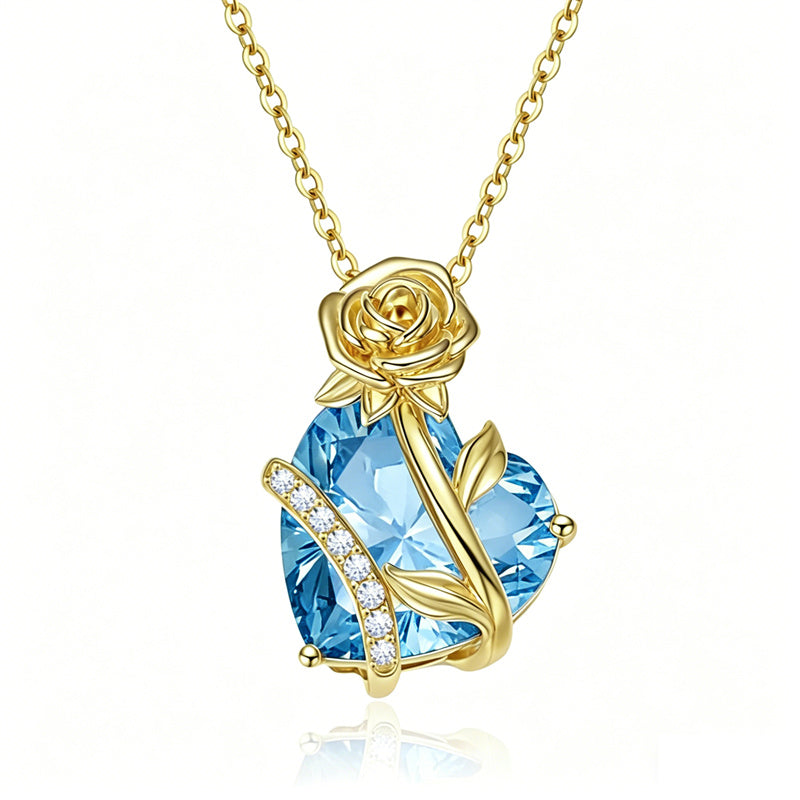 10K 14K 18K Gold Heart Birthstone Rose Pendant Necklace Gifts for Wife Girlfriend Mom Daughter Grandma