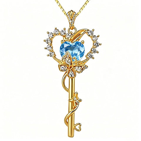 Birthstone Infinity Heart 14K Gold Plated Butterfly Key Pendant Necklace Gift for Her