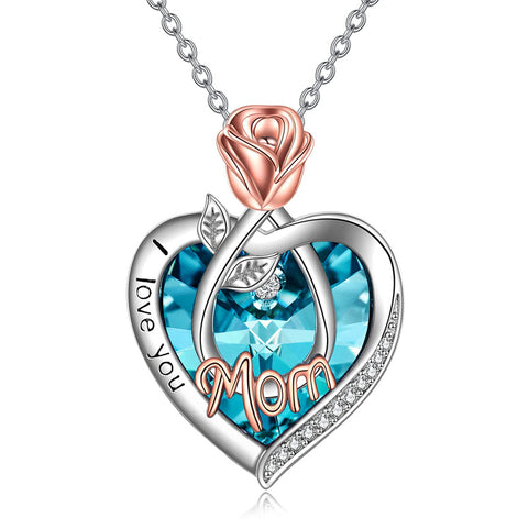 925 Sterling Silver Crystal Jewelry I Love You Mom Necklace Rose Flower Love Heart Pendant Necklace for Women