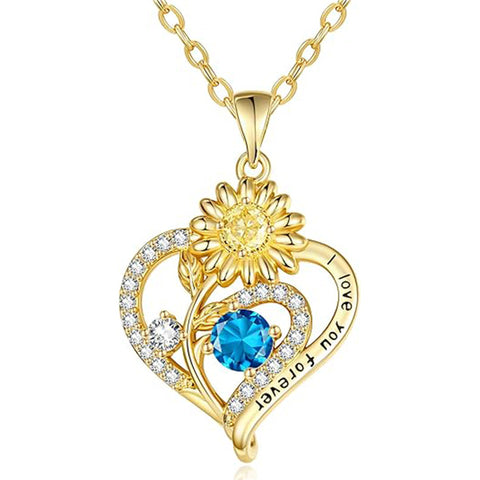 Sterling Sliver Birthstone Love Heart & Sunflower Pendant Necklace Engraved With You Are My Sunshine