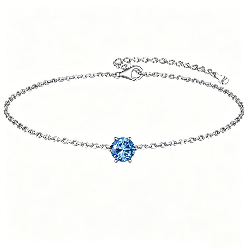 Sterling Silver Simple Dainty Round Heart Birthstone Single Layer Charm Anklet