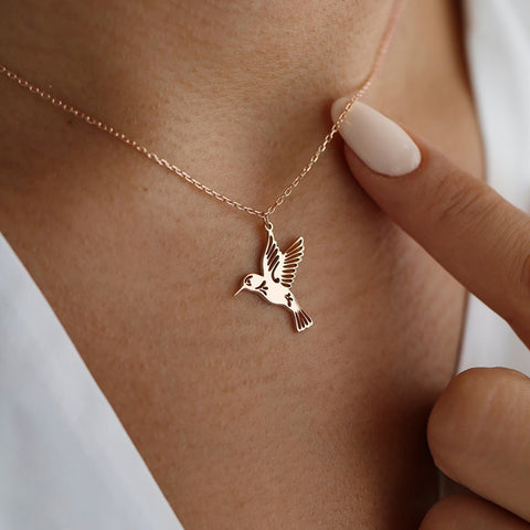 Tiny Hummingbird Necklace 14K Solid Gold Hummingbird Pendant Hummingbird Charm Gift for Her