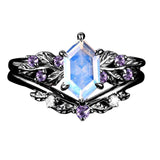 Sterling Silver Hexagon Gemstone Vintage Leaf Engagement Wedding Anniversary Ring Set