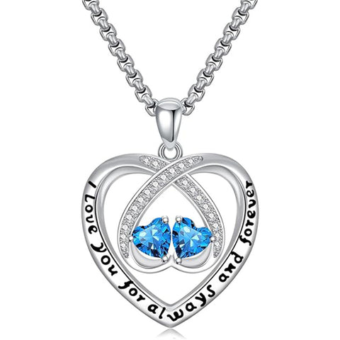 Sterling Silver Double Heart Birthstone Pendant Necklace Engraved with I Love You for Always and Forever