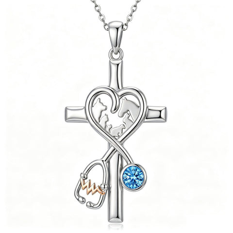 14K Gold Plated  Birthstone Stethoscope Cross Necklace Graduation Gifts for Women RN