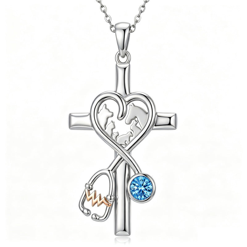 14K Gold Plated  Birthstone Stethoscope Cross Necklace Graduation Gifts for Women RN