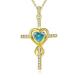 14K Gold Plated Dainty Heart Birthstone Pendant Cross Necklace for Women Religious Gift