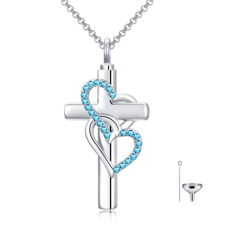 Sterling Silver Birthstone Cross Urn Necklace for Ashes