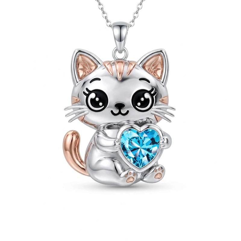 Sterling Silver 12 Month Birthstone Cat Pendant Necklace Birthstone Jewelry Gifts for Birthday
