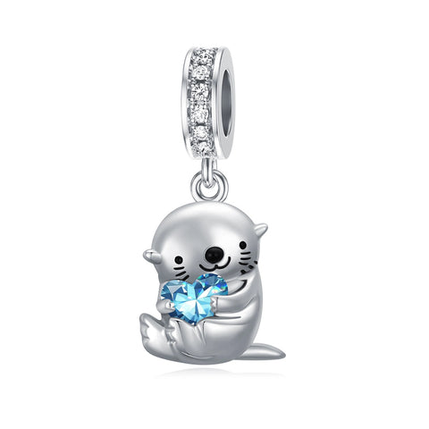 Sterling Silver Birthstone Otter Bead Charm for  Otter Lovers