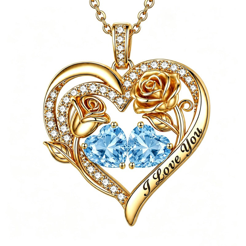 14K Gold Plated Double Heart Birthstone Rose Pendant Necklace for Women