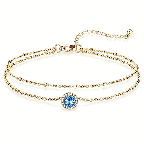 Sterling Silver Birthstone Double Layer Anklet for Beach Weddings, Summer Vacations & Pool Parties