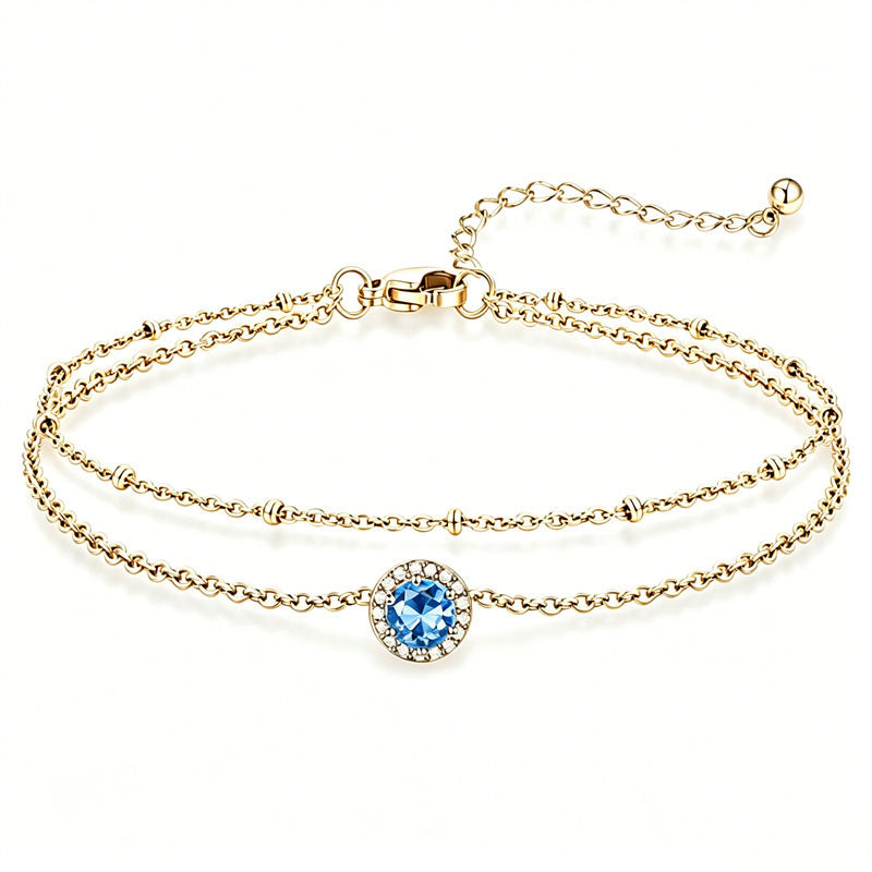 Sterling Silver Birthstone Double Layer Anklet for Beach Weddings, Summer Vacations & Pool Parties