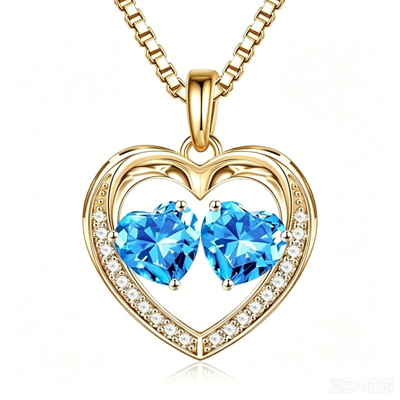 14K Gold Plated Double Heart Birthstone Necklace Anniversary Birthday Gifts for Women