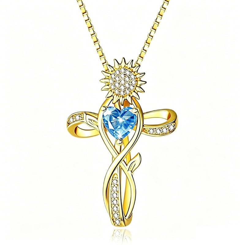 14K  Gold Plated 12 Color Birthstone Sunflower Cross Pendant  Necklace for Women Faith Cross Jewelry