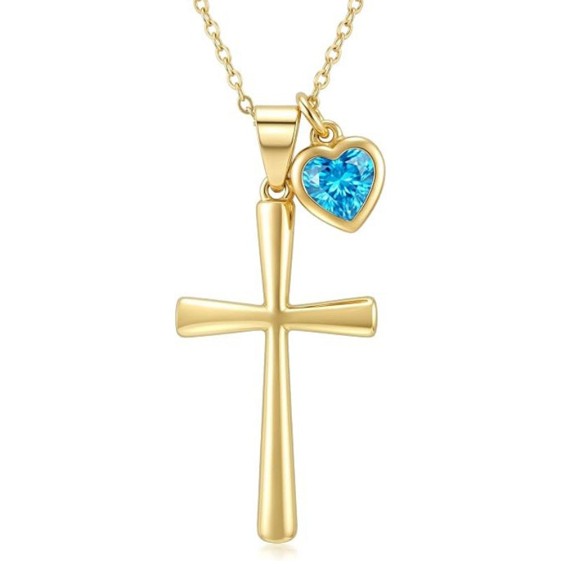 14K Gold  Plated Birthstone Cross Faith Necklace for Women