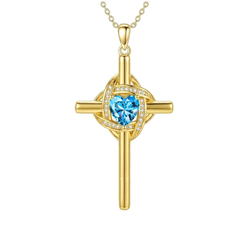 10K 14K 18K Gold Birthstone Cross Pendant Necklace Christian Jewelry