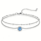 Sterling Silver Birthstone Double Layer Anklet for Beach Weddings, Summer Vacations & Pool Parties