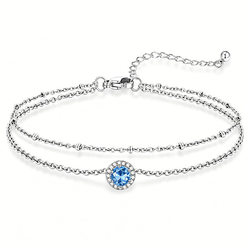 Sterling Silver Birthstone Double Layer Anklet for Beach Weddings, Summer Vacations & Pool Parties