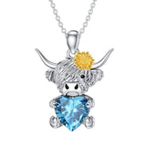 14K Gold Heart Birthstone Highland Cow Pendant Necklace