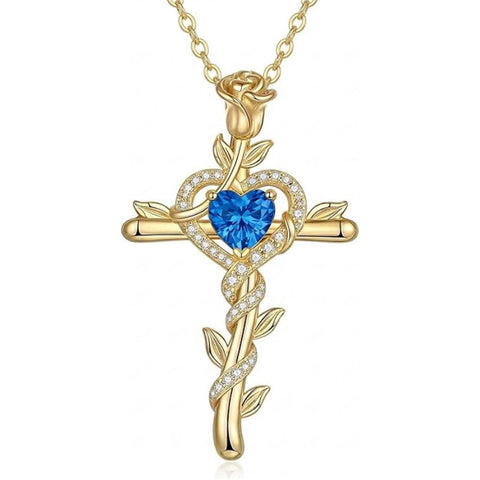14K Gold Plated Heart Birthstone Rose Cross  Pendant Necklace  Religious Christian Jewelry for Women