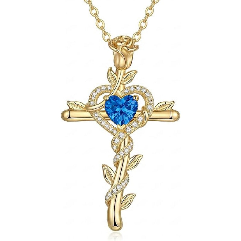 14K Gold Plated Heart Birthstone Rose Cross  Pendant Necklace  Religious Christian Jewelry for Women