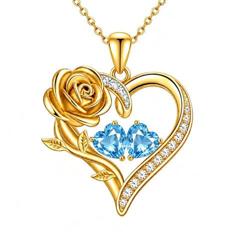 14K Gold Plated Double Heart Birthstone Rose Pendant Necklace for Women