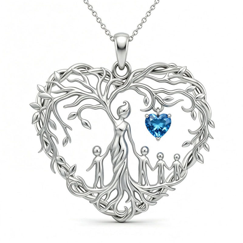 Sterling Silver Heart Pendant Birthstone Tree of Life Mother Child Family Necklace