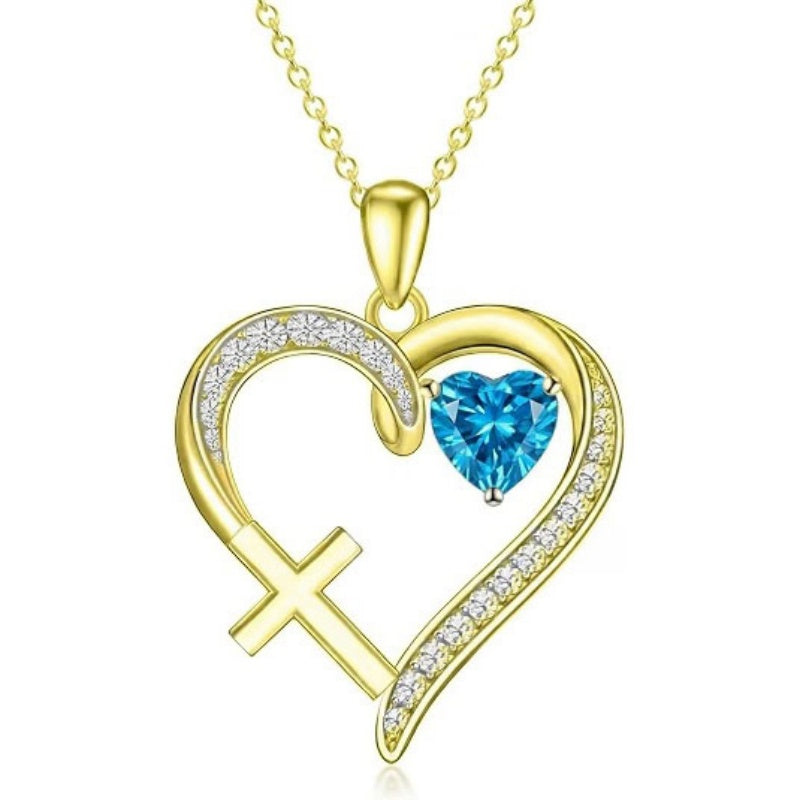 14K Gold  Plated 12 Months Birthstone  Heart Cross Pendant Necklace  for Women