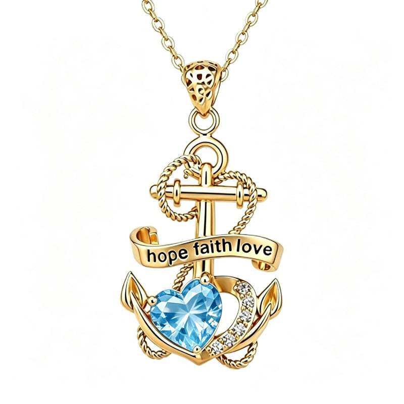 14K Gold Plated Heart Birthstone Anchor Necklace Engraved with Hope Faith Love