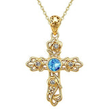 14K Gold Plated Round Cubic Zirconia Filigree Rose Cross Necklace for Women