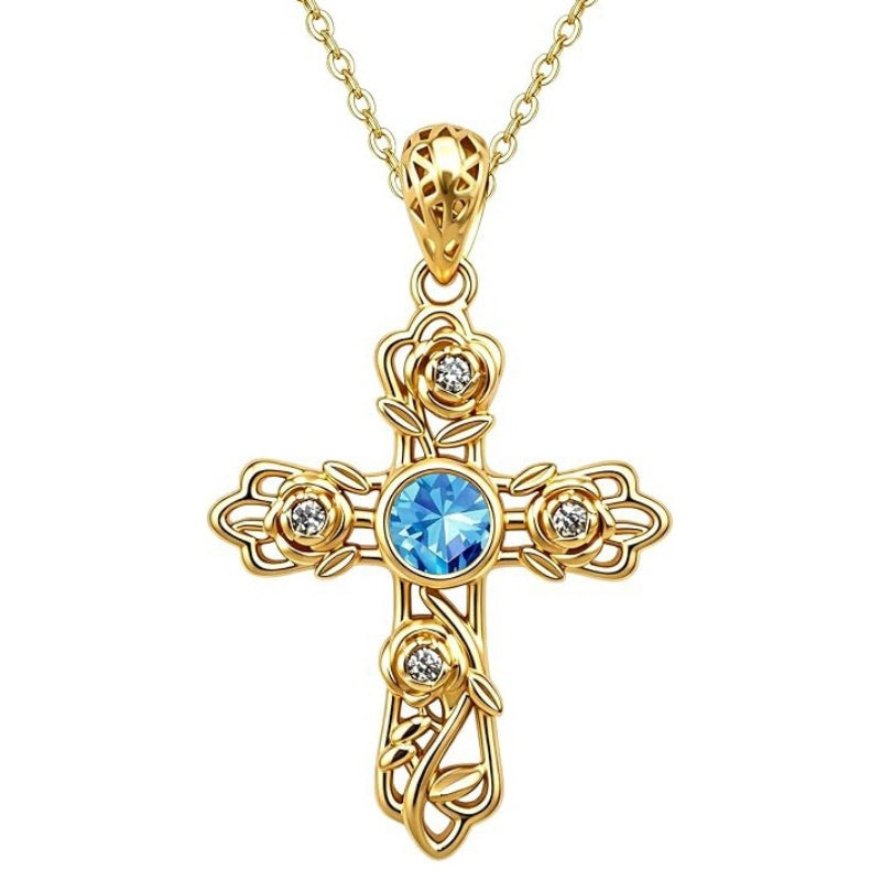14K Gold Plated Round Cubic Zirconia Filigree Rose Cross Necklace for Women