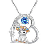 Sterling Silver Round Heart Birthstone Highland Cow Pendant Necklace Fluffy Cow Jewelry Gifts Birthday Christmas