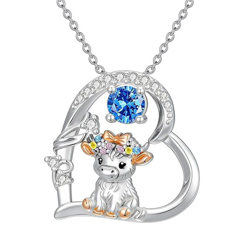 Sterling Silver Round Heart Birthstone Highland Cow Pendant Necklace Fluffy Cow Jewelry Gifts Birthday Christmas