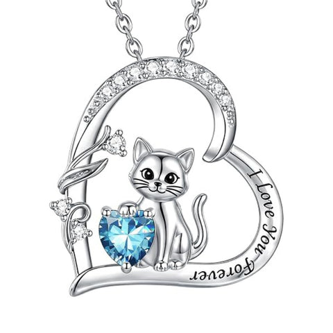 Sterling Silver Birthstone Cat Pendant Necklace Jewelry Christmas Birthday Gifts for Women