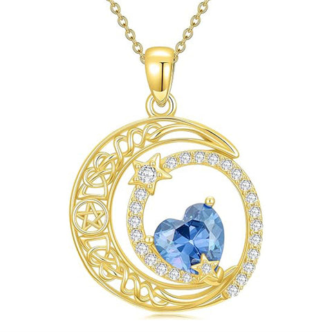 10K 14K 18K Gold Heart Birthstone Moon and Star Pendant  Necklace for Women